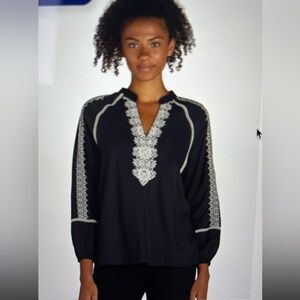 The Pioneer Woman Black Long Sleeve Blouse with White Embroidery Sz XL